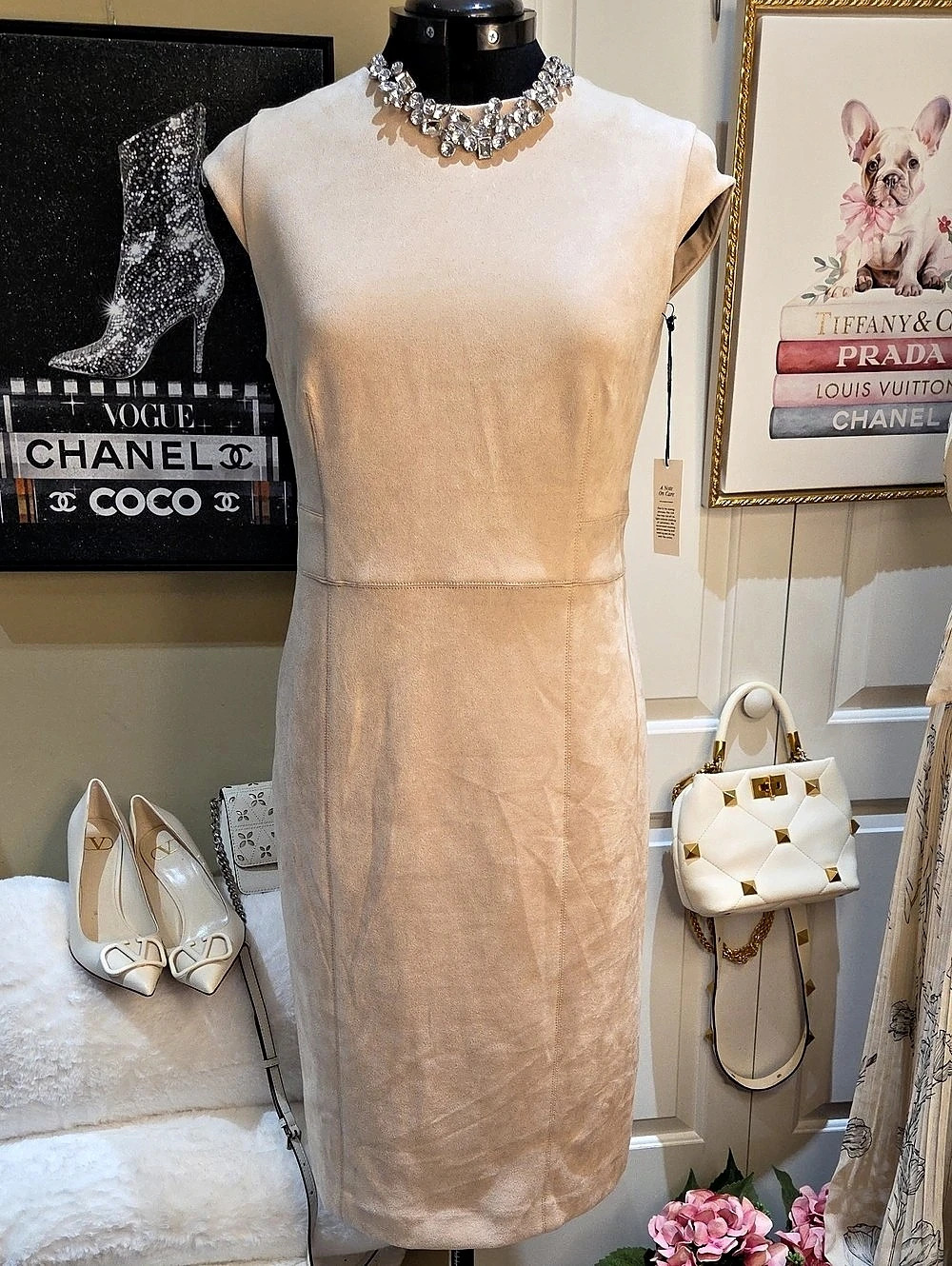 Nwt 10 $99 Ann Taylor Faux Suede Seamed Sheath Dress Midi Dress Beige